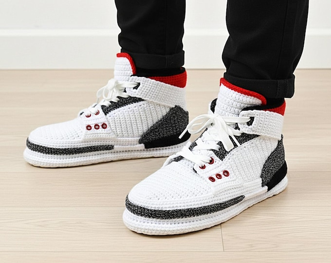 Custom Sneakers Slippers, High Top Red Denim, Basketball Shoes, Cozy Wool Soft Plush Socks, Personalized Christmas or Basketball Lovers Gift