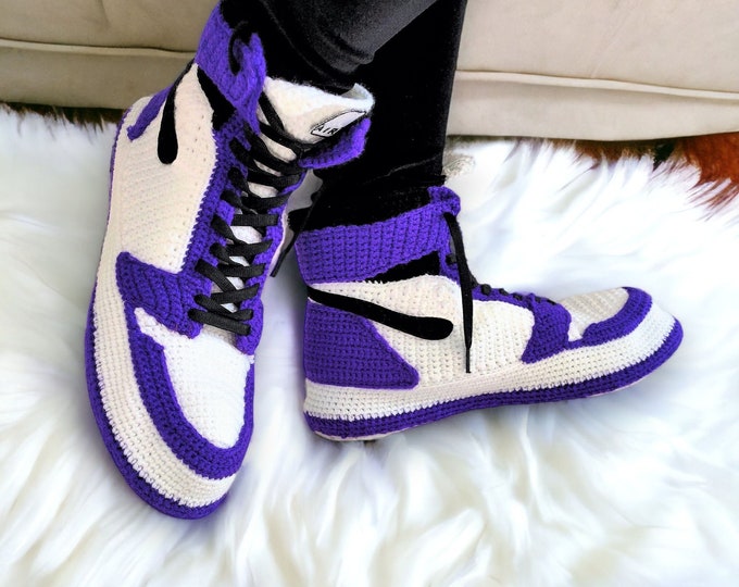 Custom Purple Sneakers Slippers, Crochet Shoes, Knitted Socks, Plush Booties, Basketball, Birthday, Girlfriend, Christmas, Anniversary Gift