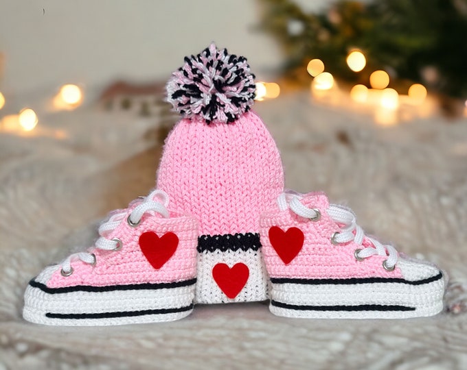 Custom Baby Crochet Pink Sneakers & Beanie Set - Newborn to 9 Months - Gender Reveal Photo Props