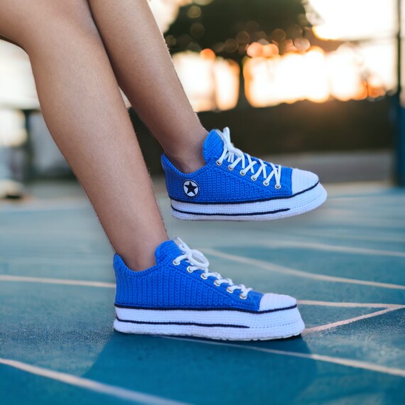 Custom Blue Crochet Sneakers, Indoor Knit Slippers, Womens and