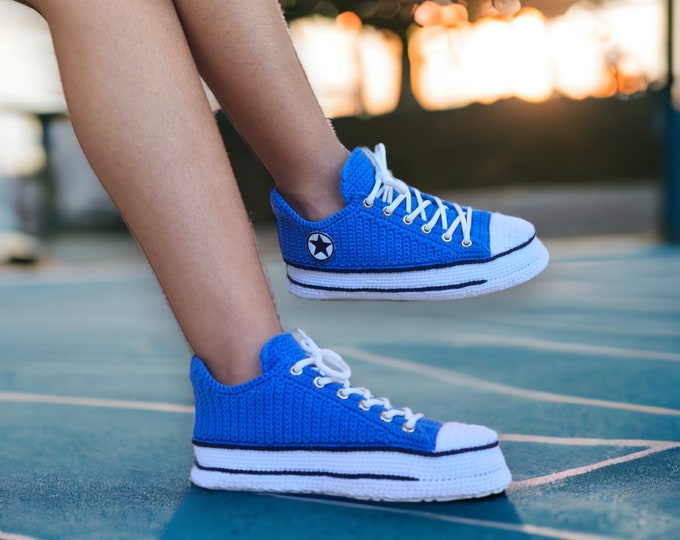 Custom Blue Crochet Sneakers, Indoor Knit Slippers, Womens and Mens Wool Low Top Kicks, Canvas Soft Booties, Perfect Custom Christmas Gifts