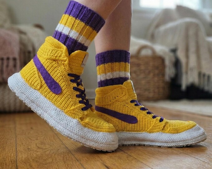 Crochet Jordan Style Slippers, Yellow Purple LA Basketball House Shoes, Handmade Knit High Top Booties, Unique Gift for Boyfriend