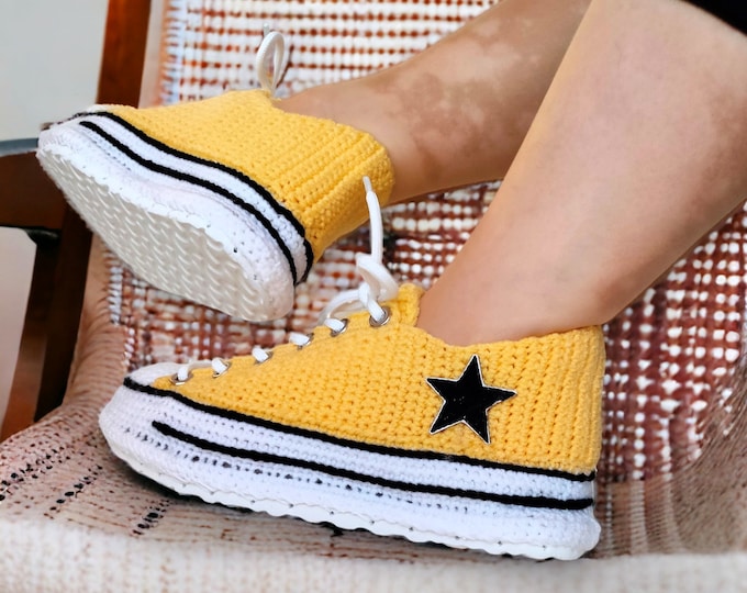 Handmade Yellow Sneakers Art, Custom Kicks, Knitted Slippers, Wool Low Top Indoor Shoes, Perfect Birthday and Christmas Gift for Women / Men