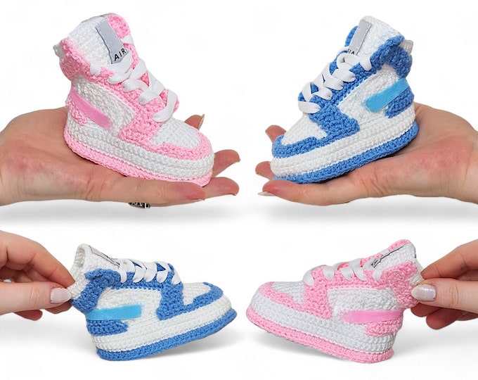 Handmade Crocheted Baby Basketball Sneakers Blue/Pink