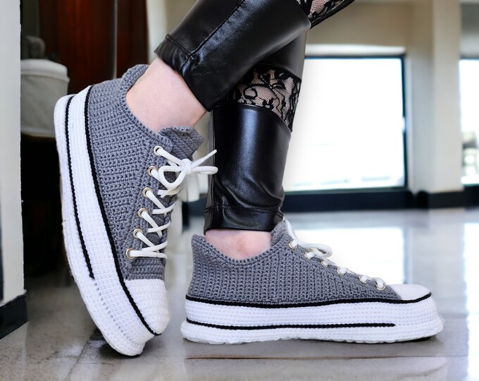 Chic Grey Wool Low Top Sneakers Slippers, Perfect Gift for Mom, Girlfriend on Birthdays, Anniversaries, Valentines, Custom Knit Plush Socks