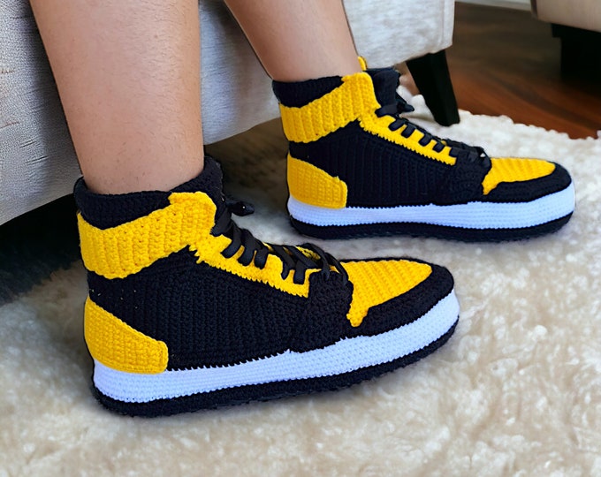 Jordan Custom Knitted Sneakers Slippers - Comfy Basketball Home Shoes - Wu Tang Style Black/Yellow Plush Slippers - Cozy Crochet Men Shoes