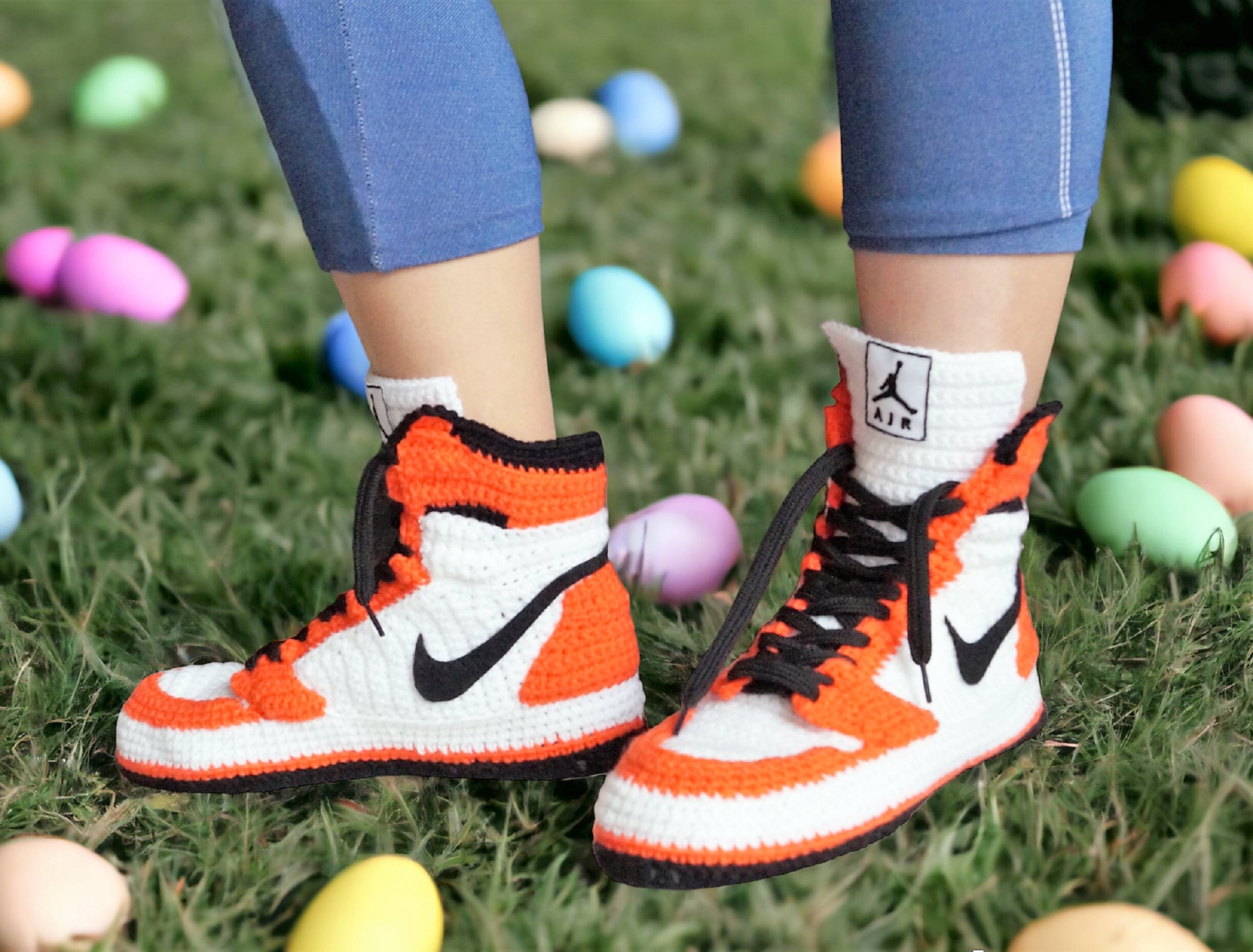 Custom Jordan 1 Orange Crochet Slippers Sneakers Banned - Etsy