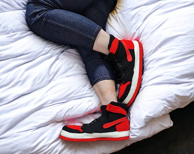 Black Red Knitted High Top Retro Basketball Sneaker Slippers - Jordan Style Crochet Sneaker Custom Kicks - Custom Plush Unisex House Shoes