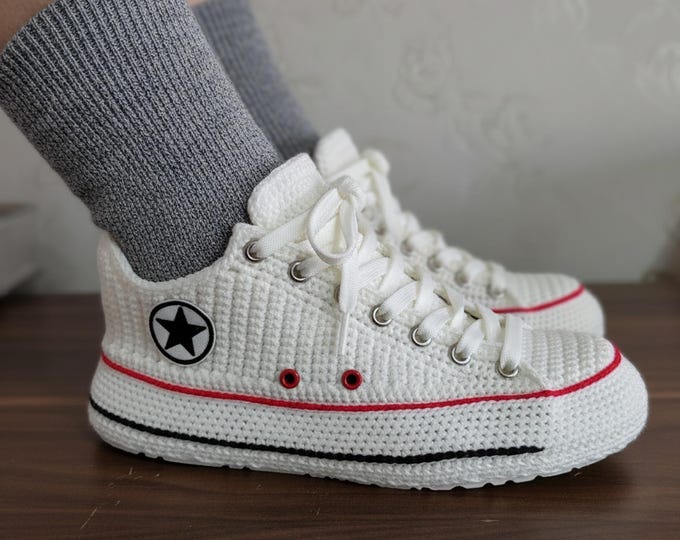 White Crochet Canvas Slippers, Adult Knit Plush Sneakers, Custom Cozy Shoes, Wool House Shoes, Gift for Birthday Father’s Day Anniversary