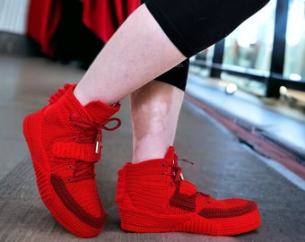 Custom Kicks Rare Sneakers, Knitted Snug Slippers, Hip-Hop Shoes, Plush Sock Booties, Retro Red Sneaker, Streetwear, Organic Indoor Outfit