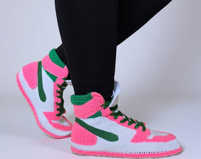 Crochet Jordan Style Sneaker Slippers, Handmade Cozy High Top Shoes