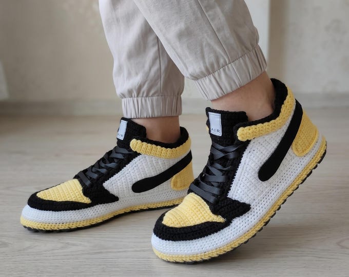 Jordan Crochet Sneaker Slippers, Retro Basketball House Shoes, Unisex Streetwear Gift, Custom Low Top Sneakerhead Footwear