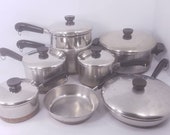 14pc. Set of Revere Ware 1801 Copper Clad Cookware, 4Qt Stock Pot, 7 9 quot Skillets, 3qt Saucepan and 2qt Steamer, 2qt, 1.5qt, 1Qt Saucepans