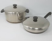Vintage Pre 1968 Revere Ware 1801 Copper Clad Stainless Steel Cookware, 4.5 Qt Stock Pot and 10 quot Skillet with Lids, Good Condition