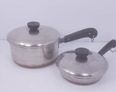 Vintage pre 1968 Revere Ware 1801 Copper Bottom Cookware 2Qt Saucepan and 6 quot Skillet with lids, used, sturdy but stained- no wobbles