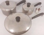 6pc Set of Vintage Pre 1968 Revere Ware 1801 Copper Clad Stainless Steel Cookware, 1Qt 2Qt Saucepans, 10 quot Skillet, Good Condition- Wobbles