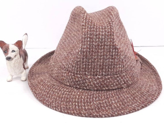 Vintage Harris Tweed Trilby With Feathers, Size 6 3/4- 6&7/8