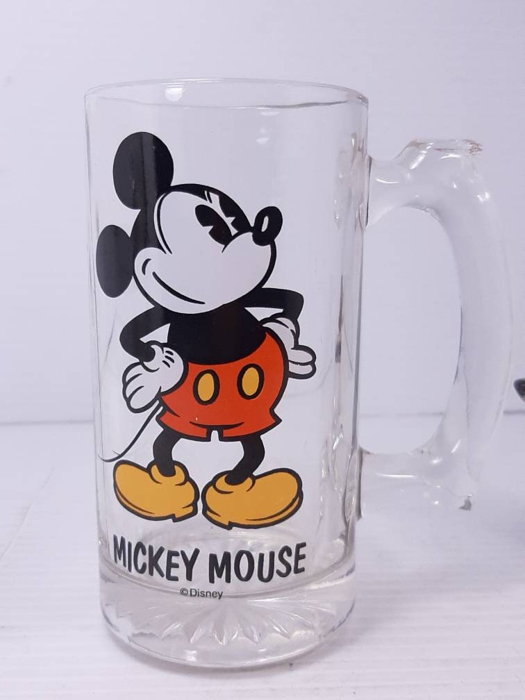 Vintage Mickey Mouse Mugs Set of 2, Disney Mugs, Mickey Mouse Milk Glass Mug,  Mickey Mouse Clear Beer Pop Mug 