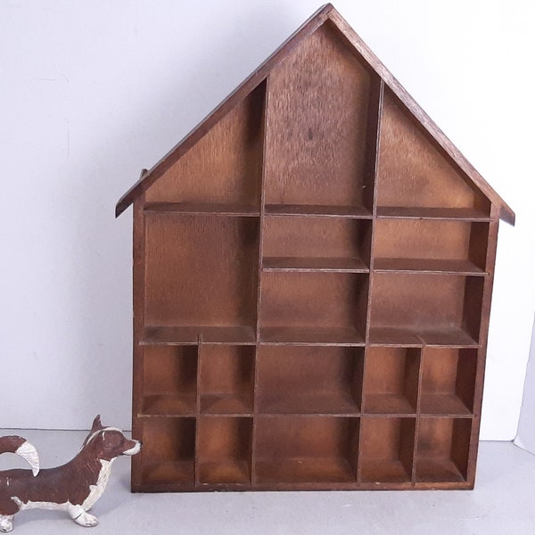 Vintage House Shaped Shadow Box, 16.5"x 12"x 1 7/8", 18 Compartments, Lots of Light Wear, No Damage, Good Condition, Wall Hanging Shadow Box