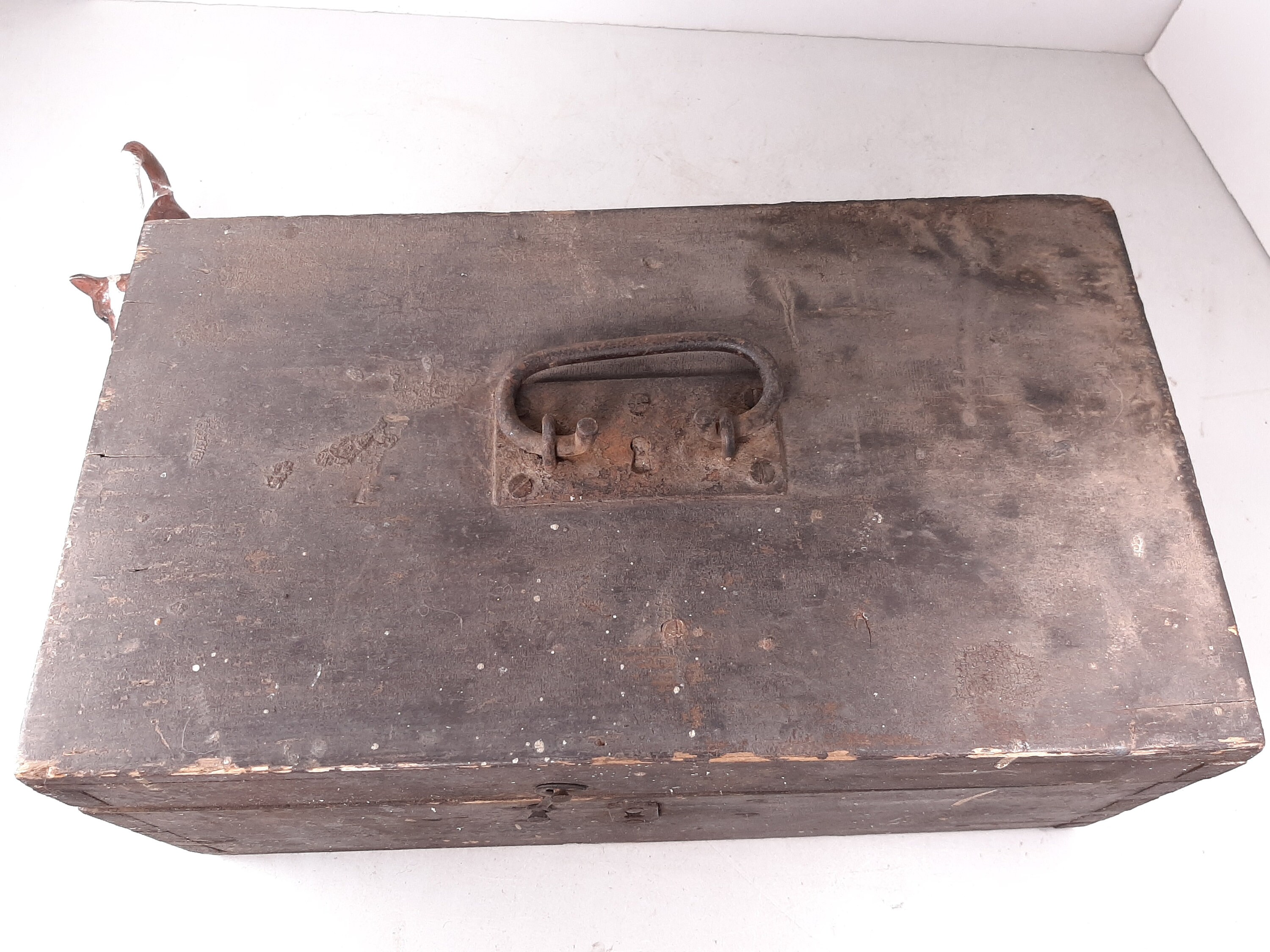 Antique Wood Tool Box With Handle And Tools On Wooden Background