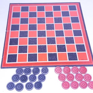 May include: A red and black checkerboard game with 24 black checkers and 24 red checkers. The checkers are arranged in two rows on either side of the board. The board is made of cardboard and has a white border.