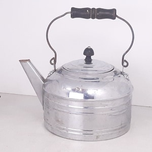 Vintage Revere Chrome Plated Solid Copper Tea Kettle with Wire Bail Arm and Wooden Handle, 4Qt, Many Small Dents, Interior Mineralization