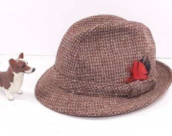 Vintage Harris Tweed Trilby with Feathers, Size 6 3/4- 6&7/8, Brown Houndstooth Weave Fedora with Red and Black Feathers, Great Shape