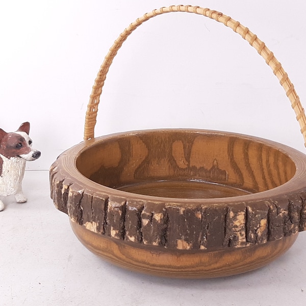 Vintage Slab Wood Bowl With Wicker Handle, 8.5" Diam, 2.75"H, Rustic Wooden Bowl With Bark and Handle, Great Condition, Some Wear To Bark