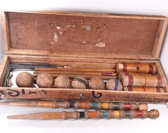 Antique Sears and Roebuck Croquet Set in Box, 4 Mallets, 6 Wooden Balls, Ornate Stakes, Chipped Heads & Stake, Repaired Box, Antique Croquet