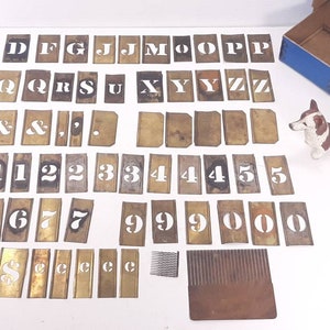 58 Vintage Interlocking Brass Stencils, Incomplete, Used, Letters and Numbers with Dollar and Cent Stencils, Punctuation Marks, Tabs & Other