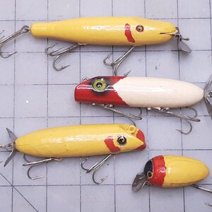 Lot of 4 Vintage Lures, 2 Bass Oreno Topwater Lures- 1 With Glass Eyes; Creek Chub Pikie and Bug, Crudely Re-painted, 3 Are Yellow With Red - Etsy Lot of 4 Vintage Lures, 2 Bass Oreno Topwater Lures- 1 With Glass Eyes; Creek Chub Pikie and Bug, Crudely Re-painted, 3 Are Yellow With Red - Etsy