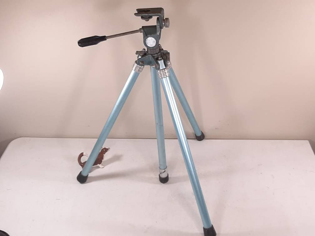 Vintage Blue Aluminum and Metal Tripod, 25-55", One Leg Lock Missing But All Legs Have Holes for Stops, Heavy Duty Tripod, Steam Punk Tripod