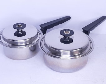 Set of Vintage Thermo-Sentinel 1.5Qt & 2Qt Saucepans, Forma Plex Stainless Steel 304 18-8  Columbium, Very Good Used Condition