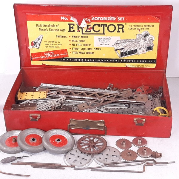 Vintage A.C. Gilbert Erector Set No. 4 1/2 in Box, Incomplete; No Instructions; No Motor; Damaged Wheel Hubs, Some Bends and Corrosion,