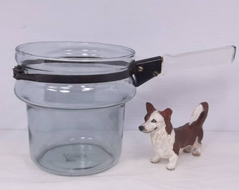 Vintage Pyrex Flameware Glass 1.5 Quart Saucepan 6763 U, Upper Double Boiler Pot, Blue Hue, Lucite Handle with Removeable Steel Band, Rusty