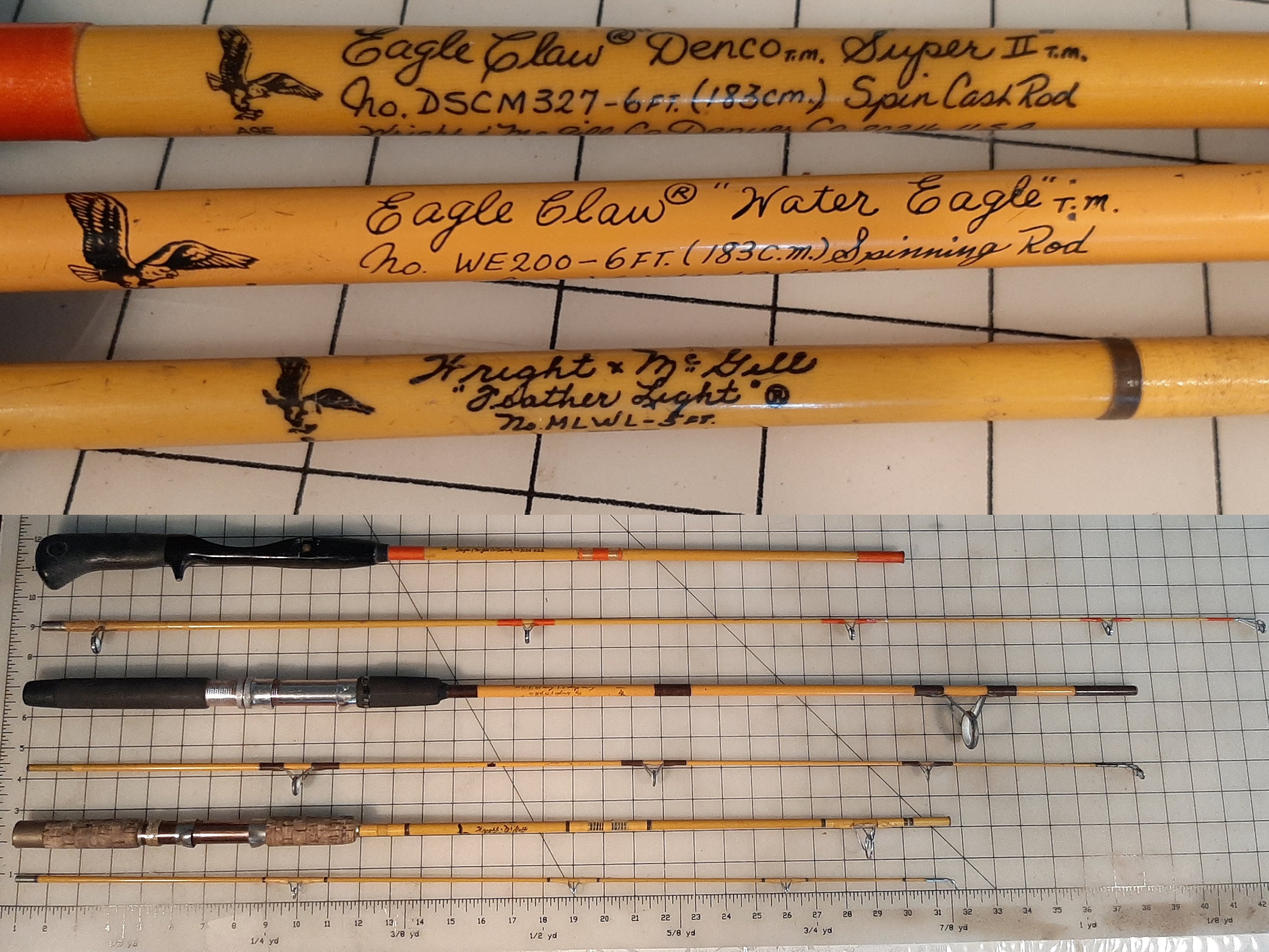 3 Vintage Wright & McGill Rods, Eagle Claw Denco Super II DSCM 6' Casting  Rod, Feather Light MLWL 5'; Water Eagle WE200 Spinning Rods- Read