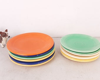 Set of 12 Vintage HLCo Fiesta Ware Plates,(6)7 3/8" & (6)6.25" Plates, Various Colors, Good Condition, No Damage, Some Mild Wear and Stains