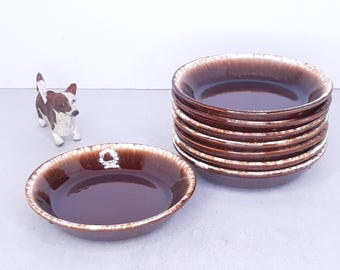 Set of 8 Vintage Drip Glaze Low Bowls, 6.75&quot; Diam. 1.5&quot; Height, Excellent Used Condition, Very Light Wear, Dark Brown Drip Glaze Salad Bowls