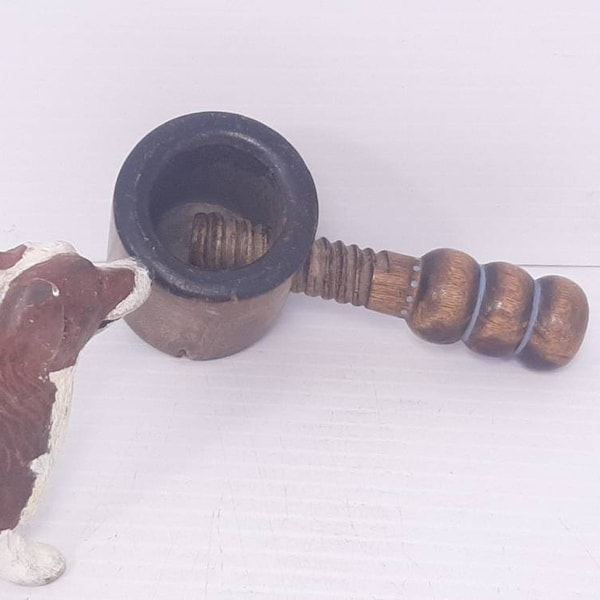 Vintage Wooden Nutcracker, Wooden Screw Style Nutcracker with Solid Wood Housing and Ornamented Shaft, Worn but Working Condition