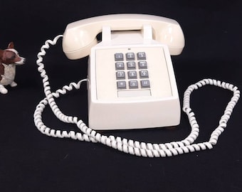 Vintage ITT Off-White Push Button Desk Phone with Long Cord, Untested, Very Good Condition, No Damage, Some Sun Fading, Retro Desk Telephone