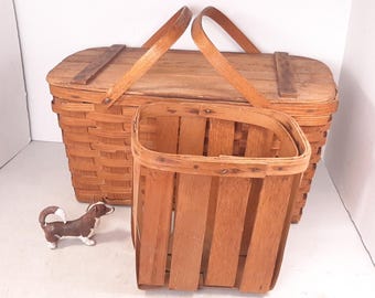 Vintage Woven Wood Picnic Basket with Wooden Handles and Interior Basket, Missing Nail in Hinge, Some Cracks, Still Sturdy,  21" x 12" 11"H