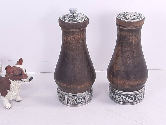 Vintage Wooden Salt Shaker & Pepper Grinder With Ornate Band