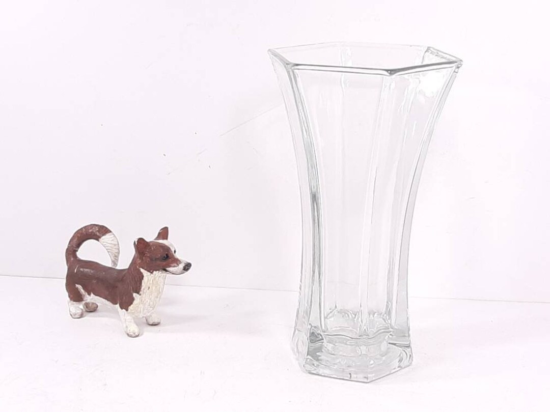 Vintage Hoosier Glass 4040 Glear Glass Hexagonal Vase, 9 Tall, 4.75