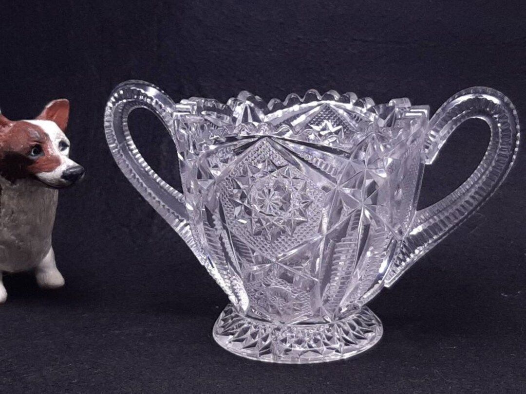 Vintage Pressed Glass Sugar Bowl With Two Handles, Ruffled Edge Pressed