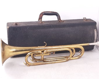 Vintage 1920 Conn Elkhart Single Valve Bugle with Conn 4 Mouthpiece & Case, from American Legion Post 26, Good Condition, Small Dents, Wear