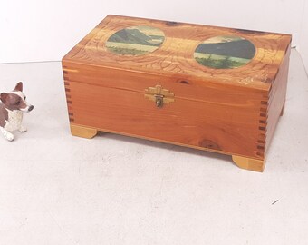 Vintage Wooden Footed Box with Hinged Lid, Mirror in Lid, Mountain Lake Photos on Lid, 10.5"x 6"x 4.75" Tall, Wooden Trinket Box, Light Wear