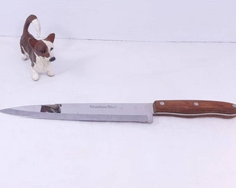 Vintage Stainless Steel Chef Knife with Full Tang and Riveted Wood Handle, Made in Japan, Mild Wear to Blade, 14" with 8.5" Blade, 1.5" tall