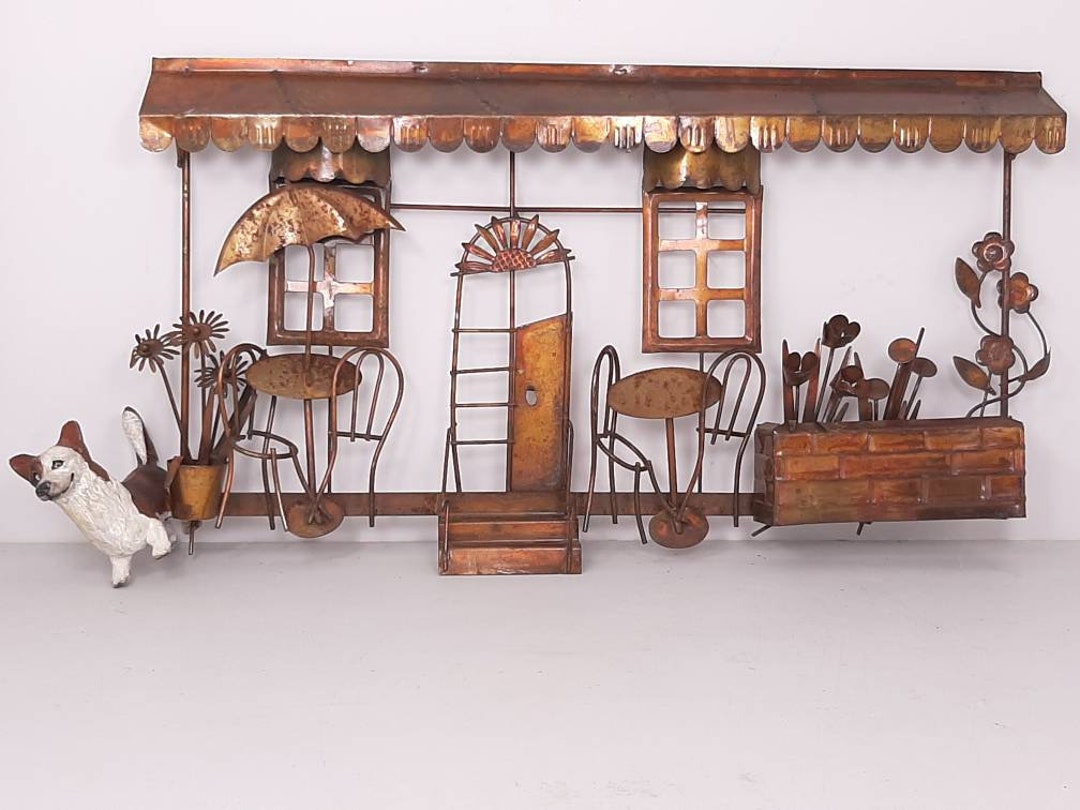 Vintage Metal Wall Hanging of French Cafe Scene, 20 X 11, Copper