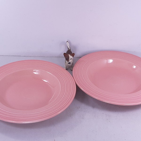 Two Vintage 1990s Homer Laughlin Co. Fiesta Ware Rose Pink 12" Round Pasta Plates, One Has Chip in Rim, Mild Wear, Rose 12" Fiesta Plates