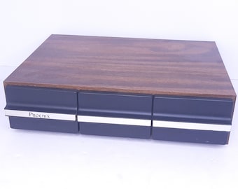 Vintage Phoenix Audio Cassette Tape Storage Case for 36 Cassettes with Cases, Very Good Condition, Faux Walnut Veneer, Three Plastic Drawers